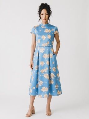 Women’s Blue/Cream Floral Fit-and-Flare High Neck Dress Sizes-XL/XXL NEW
